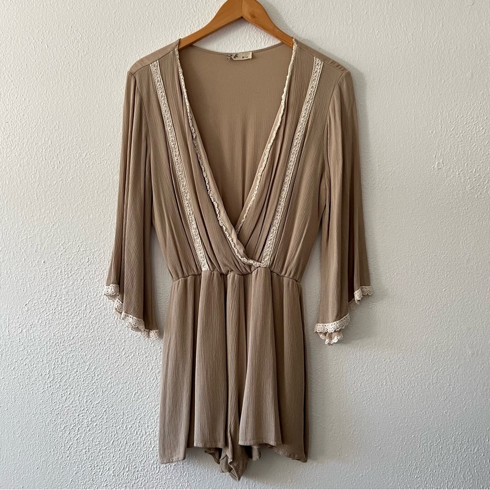 Miin Boho V-Neck Bell Sleeve Lace-Trimmed Romper
